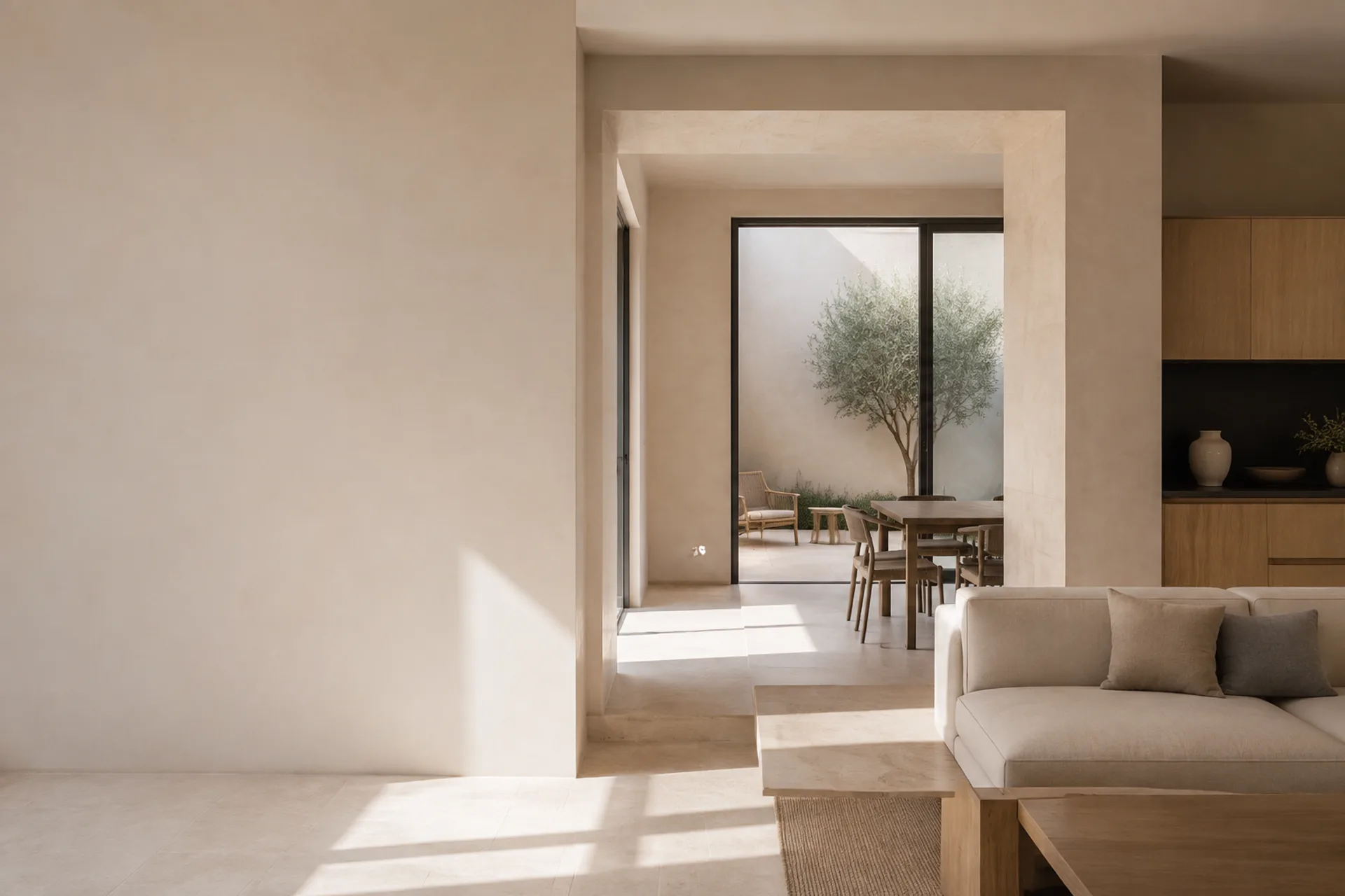 Interior contemporâneo renovado, com pedra clara, madeira e luz natural